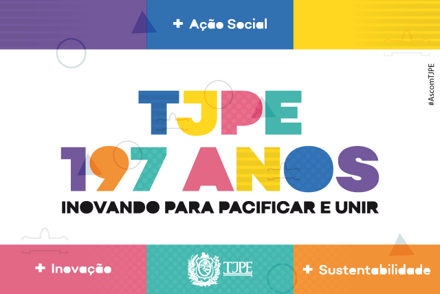 Marca de aniversário do Tribunal, em fundo branco, com as cores verde, amarela, vermelha, rosa, laranja e azul