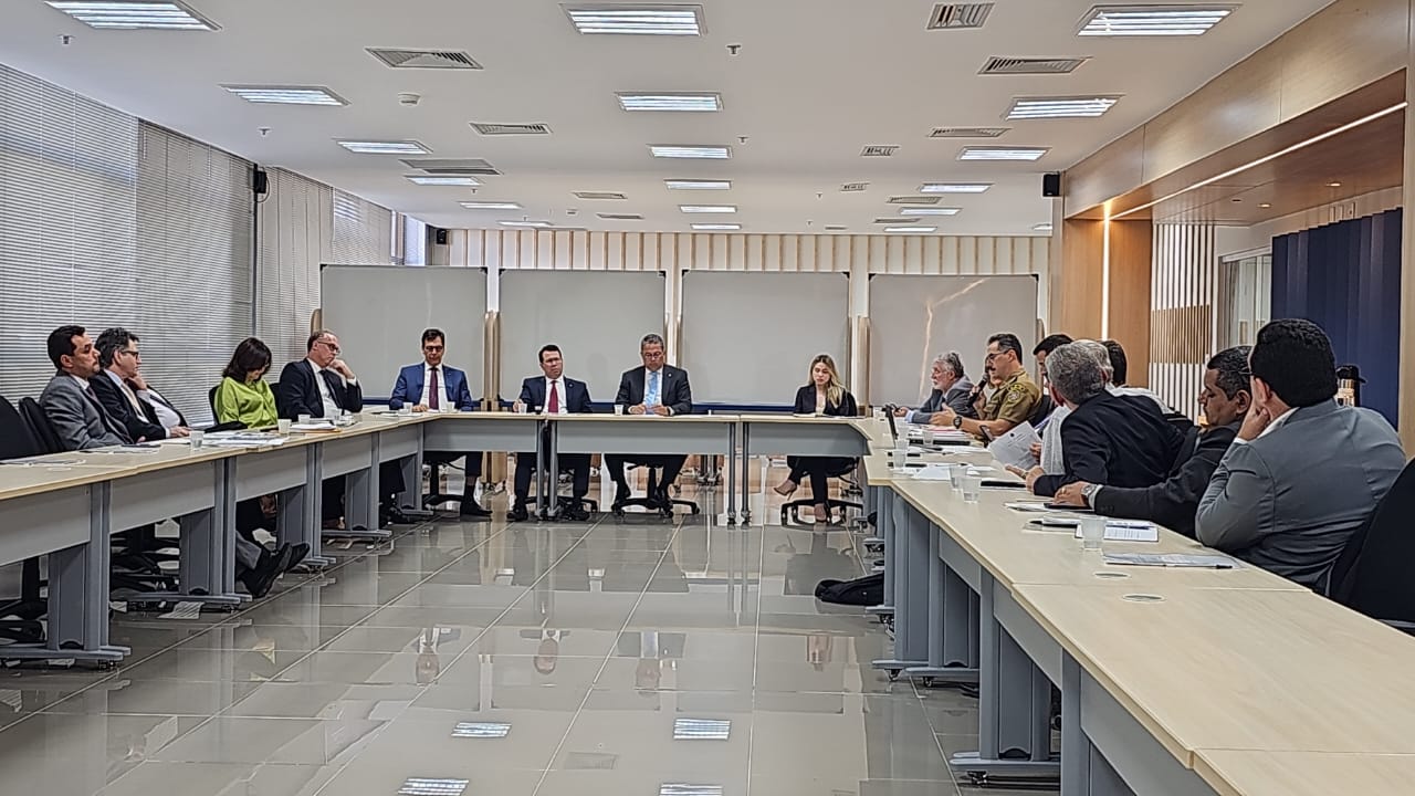 Foto mostra pessoas reunidas, sentadas à mesa em formato oval