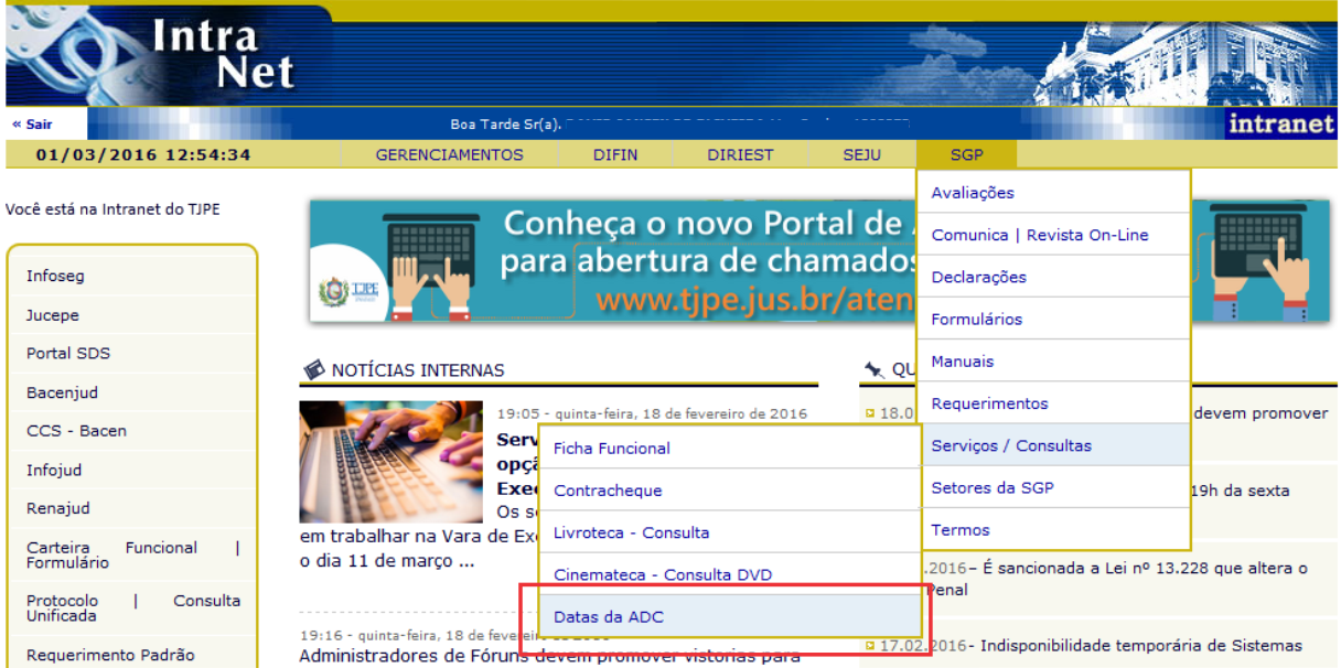 Local da tabela de ADC na aba da SGP disponível na intranet