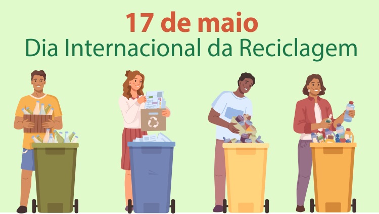 Pessoas fazendo o descarte correto de objetos. 17 de maio - Dia Internacional da Reciclagem