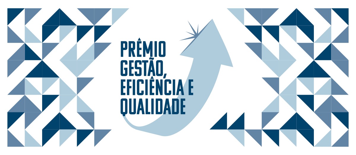 Logo do "Prêmio de Gestão, Eficiência e Qualidade" com setas em tons variados de azul