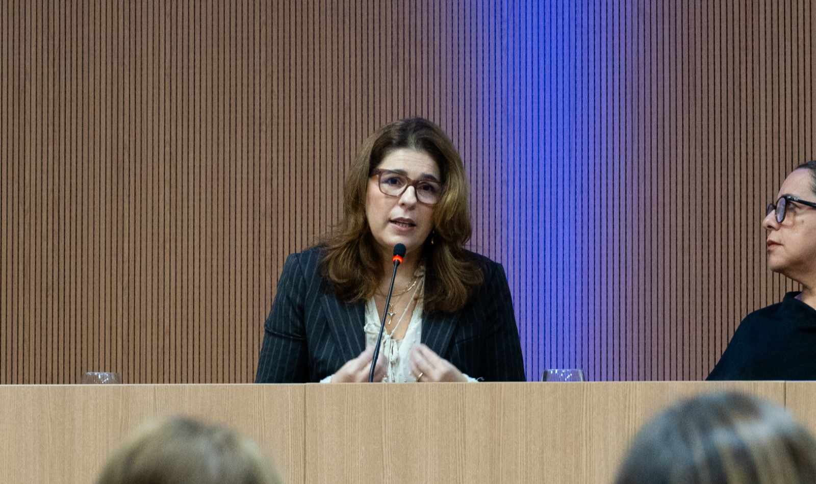Juíza Mariana Vargas falando ao microfone, representando a Coordenadoria da Mulher