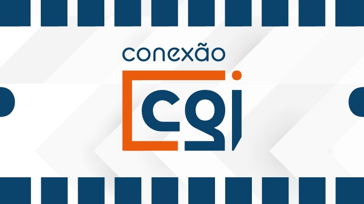 Imagem de fundo branco com quadrados azuis na bord com o nome Conexão CGJ no centro