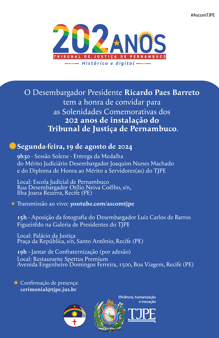 Nas cores branca, azul, verde, amarela e vermelha, convite oficial dos 202 anos do TJPE traz detalhes das cerimônias. Design também destaca elementos da bandeira de Pernambuco com estrela, sol e arco-íris.