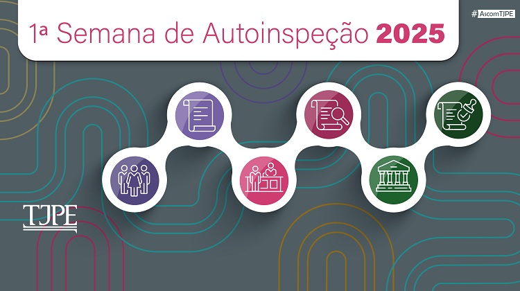 Card de fundo cinza escuro com linhas amarelas, azuis e rosa. Na faixa branca, na parte superior, lê-se 1ª Semana de Autoinspeção 2025. Abaixo, vê-se uma sequência de círculos em zigzag com imagens de pessoas, processos.