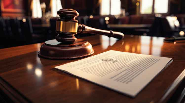 Foto de um martelo judicial e de uma sentença sobre uma mesa de madeira