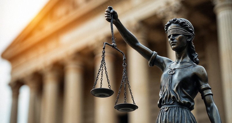 Balança da Justiça e ao fundo a imagem de um Fórum