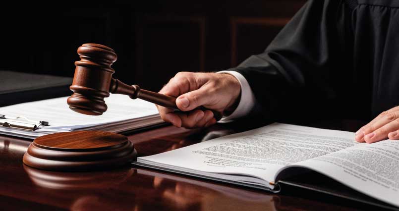 Foto de magistrado sentado de frente para uma mesa com um processo judicial. O magistrado segura um materlo em sua mão direita.