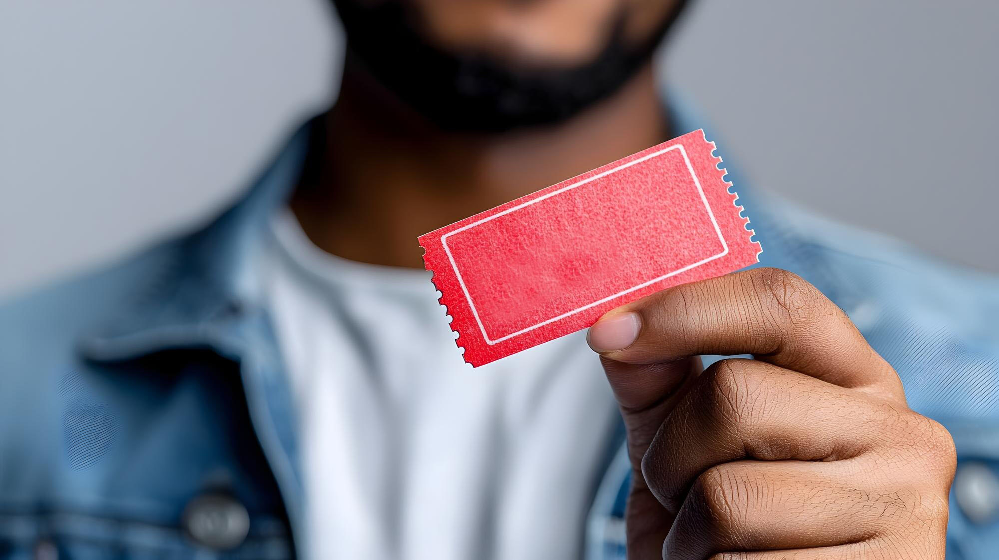 Foto de um homem que segura com uma das mãos um ticket sem informação impressa em seu conteúdo