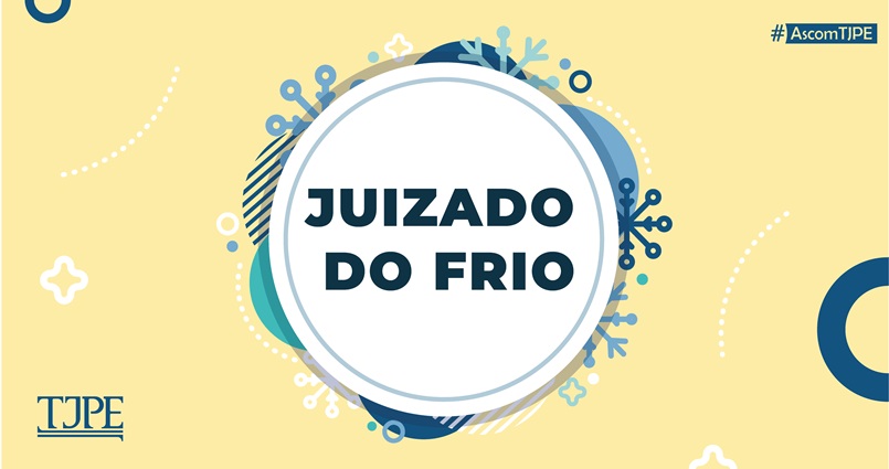 Card de fundo bege. Na extremidade superior esquerda e na latera direita, um meio círculo azul escuro. Ao centro, um círculo branco, onde lê-se "Juizado do Frio". Ao seu redor, um círculo fino azul e meios círculos azuis e desenhos de flocos de neve