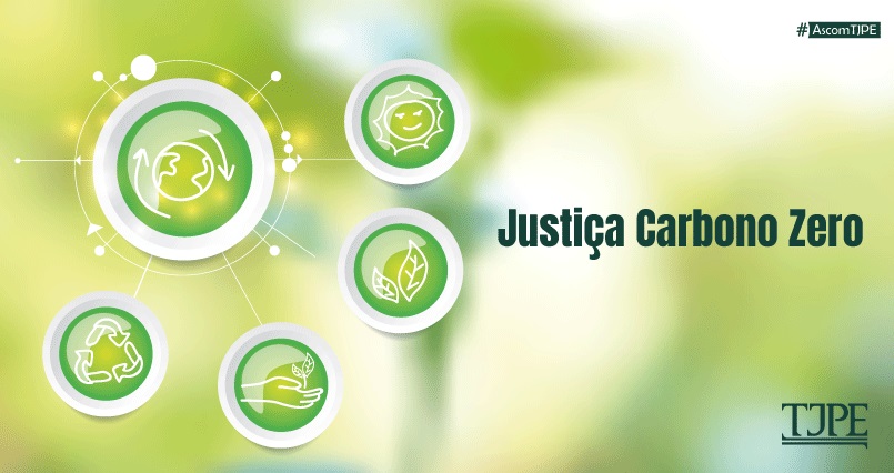 Card de fundo verde claro. Ao lado esquerdo, círculos com imagens do planeta Terra, sol, folha, não e flor e símbolo da reciclagem. Ao lado direito, está escrito Justiça Carbono Zero. Abaixo, a logomarca do TJPE
