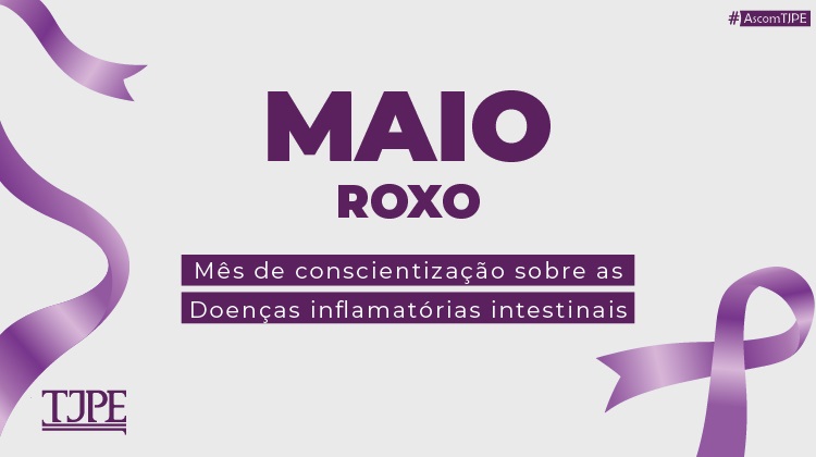 Um laço roxo nas laterais do card de fundo branco. No centro está escrito Maio roxo - mês de conscientização sobre doenças infanmatórios intestinais